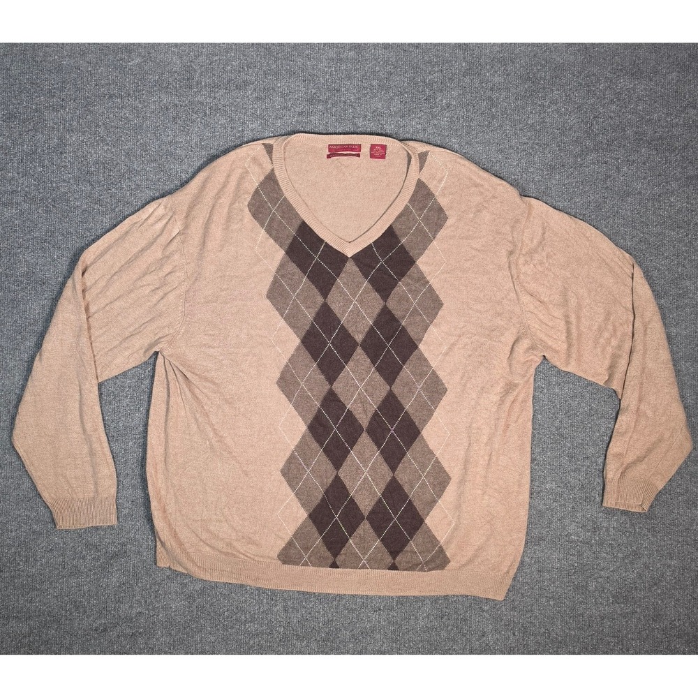 American‎ Blue Mens XXL Argyle V-Neck Sweater Tan Brown Silk Cashmere Blend Knit